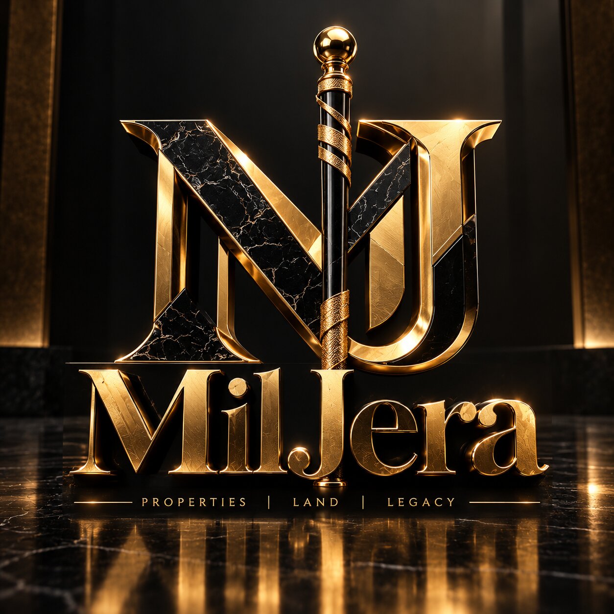 The MilJera emblem in gold and black marble